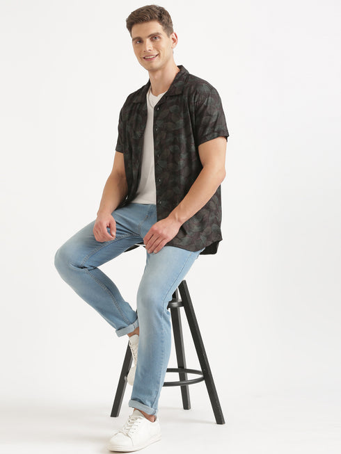 Black & Green Printed Short Sleeve Resort Shirt